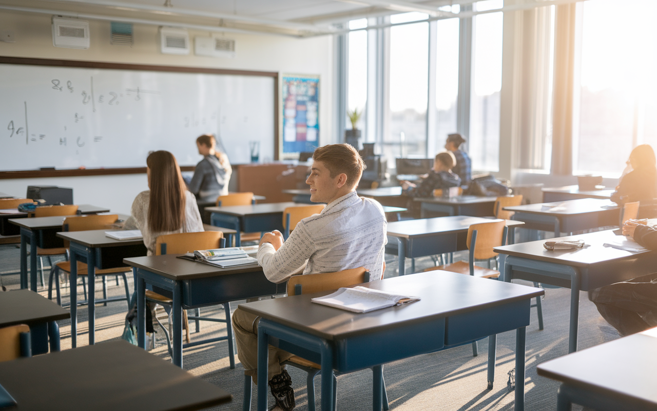 Un élève souriant assis dans une salle de classe lumineuse, entouré de camarades, face à un tableau.