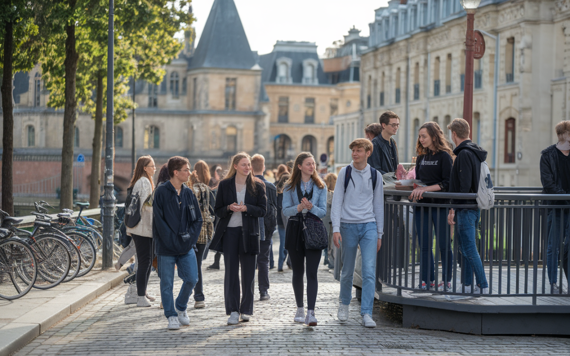 Des étudiants marchent sur une rue pavée, entourés de bâtiments historiques et de vélos stationnés, par une journée ensoleillée.