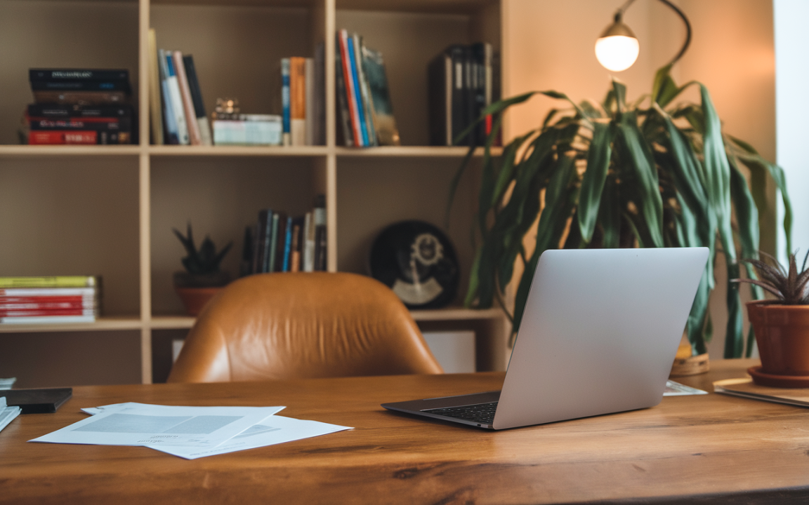 Bureau moderne avec un ordinateur portable, des livres en arrière-plan, une plante et des documents posés sur un meuble en bois.