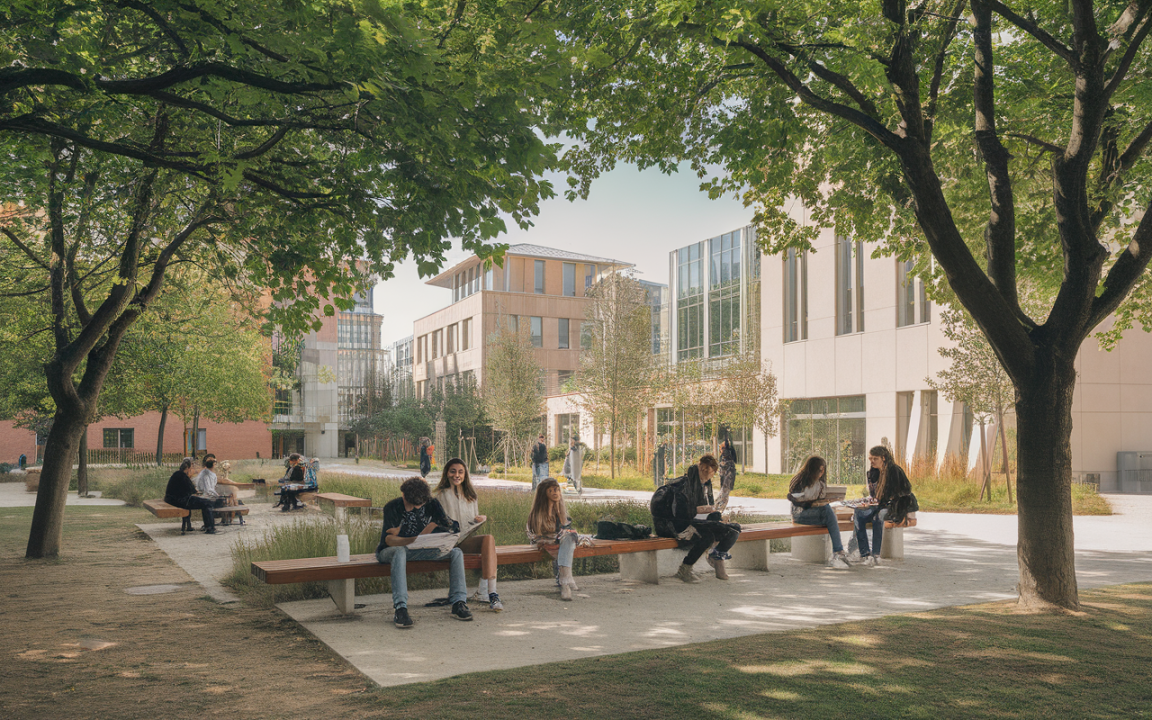 Étudiants assis sur des bancs dans un espace vert, entourés de bâtiments modernes et d'arbres luxuriants, sous un ciel clair.
