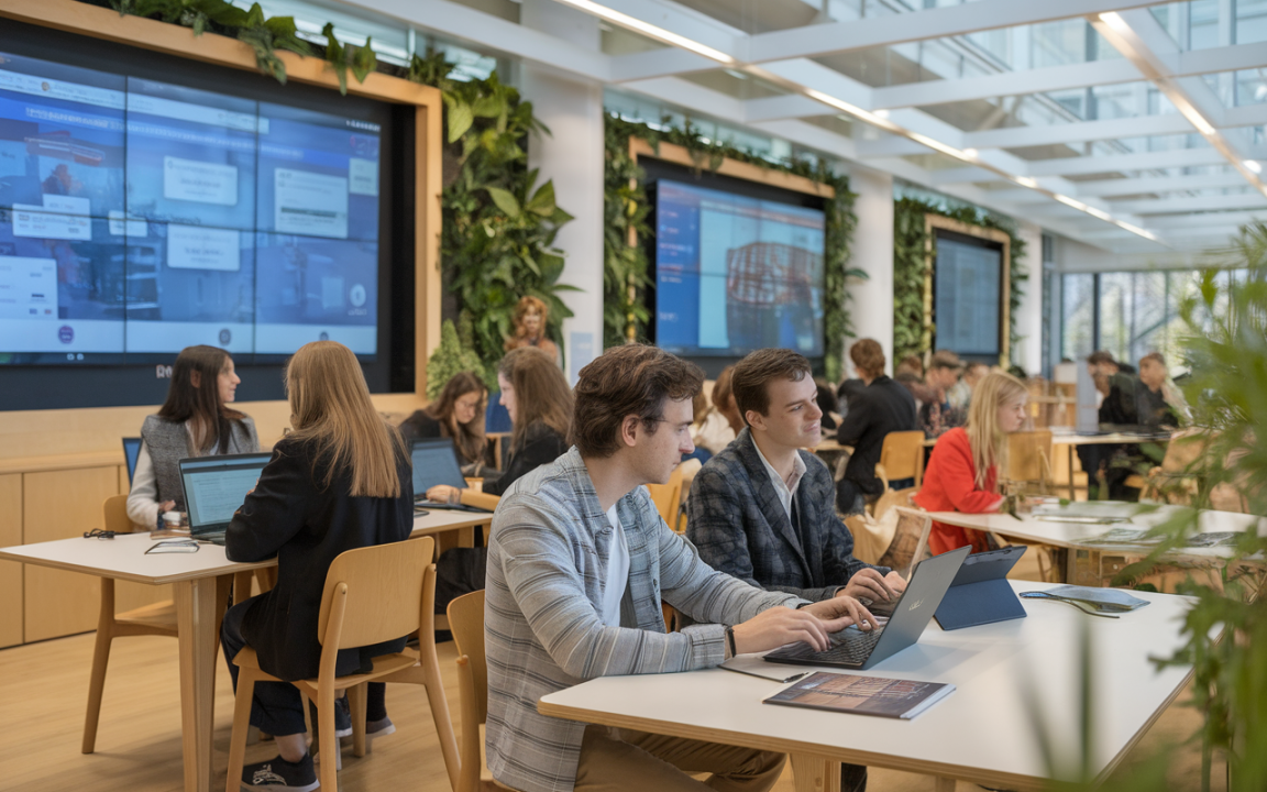 Groupe d'étudiants travaillant sur des ordinateurs portables dans un espace moderne, avec des écrans et des plantes vertes en arrière-plan.
