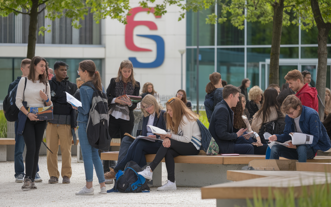 Groupe d'étudiants en extérieur, discutant et feuilletant des livres, devant un bâtiment moderne avec un logo. Atmosphère animée et conviviale.