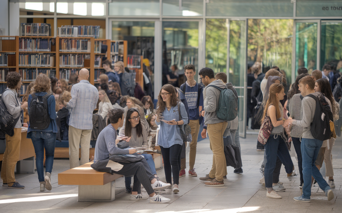 Des étudiants discutent et se déplacent dans un hall animé, avec des étagères de livres en arrière-plan. Ambiance conviviale et studieuse.