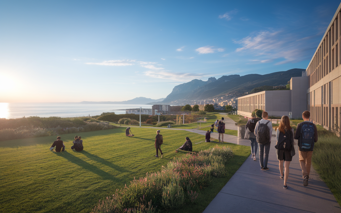 Étudiants marchant sur un chemin, avec vue sur la mer et les montagnes. Pelouse verte et bâtiments modernes en arrière-plan.