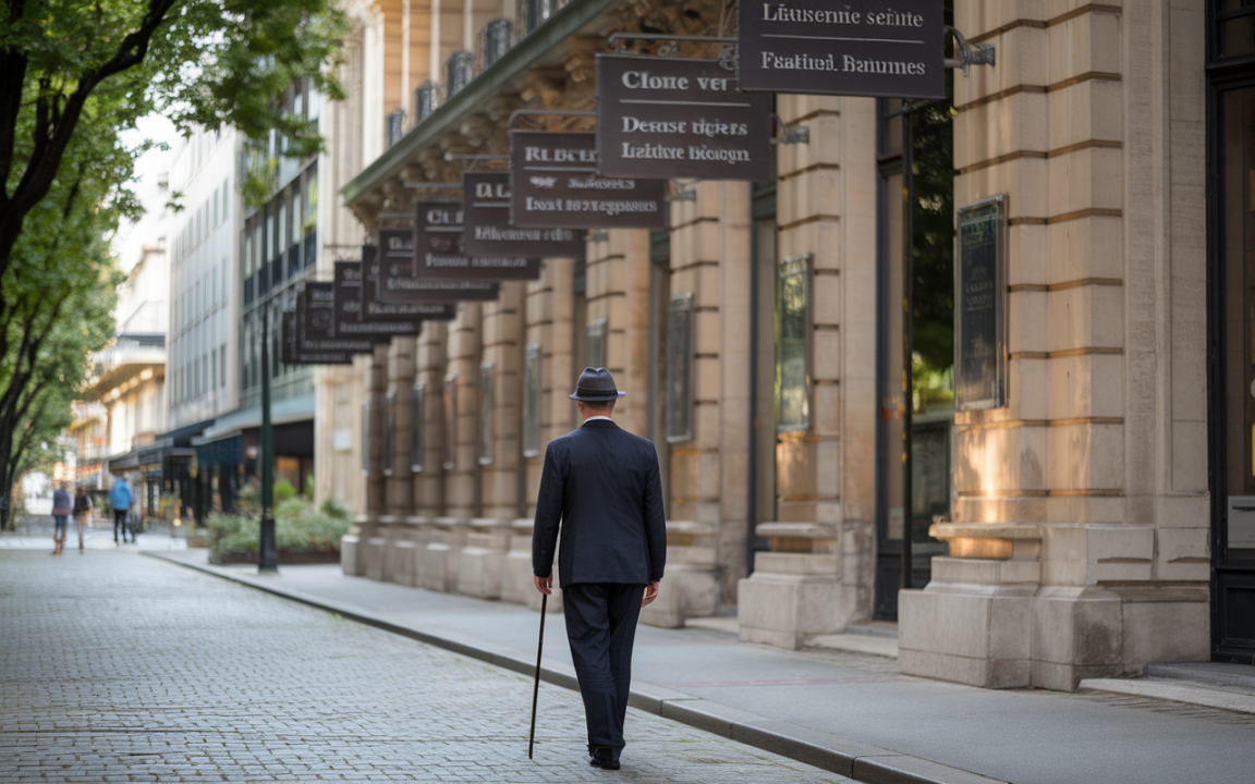 Un homme en costume et chapeau marche seul sur une rue bordée d'arbres, avec des enseignes suspendues au-dessus.