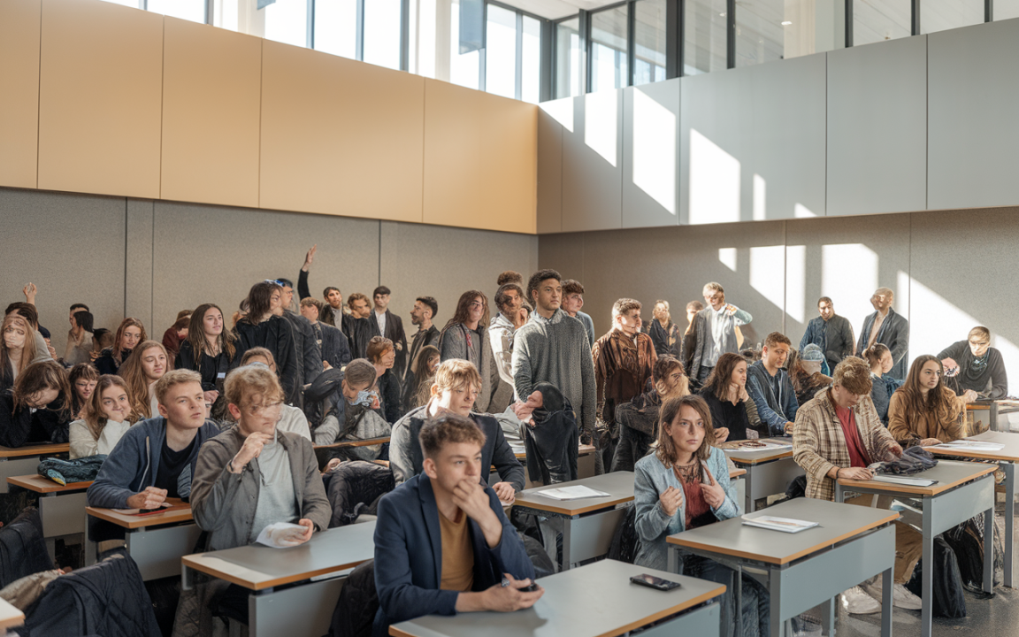 Classe d'étudiants debout et assis dans une salle moderne, avec la lumière naturelle filtrant à travers de grandes fenêtres.