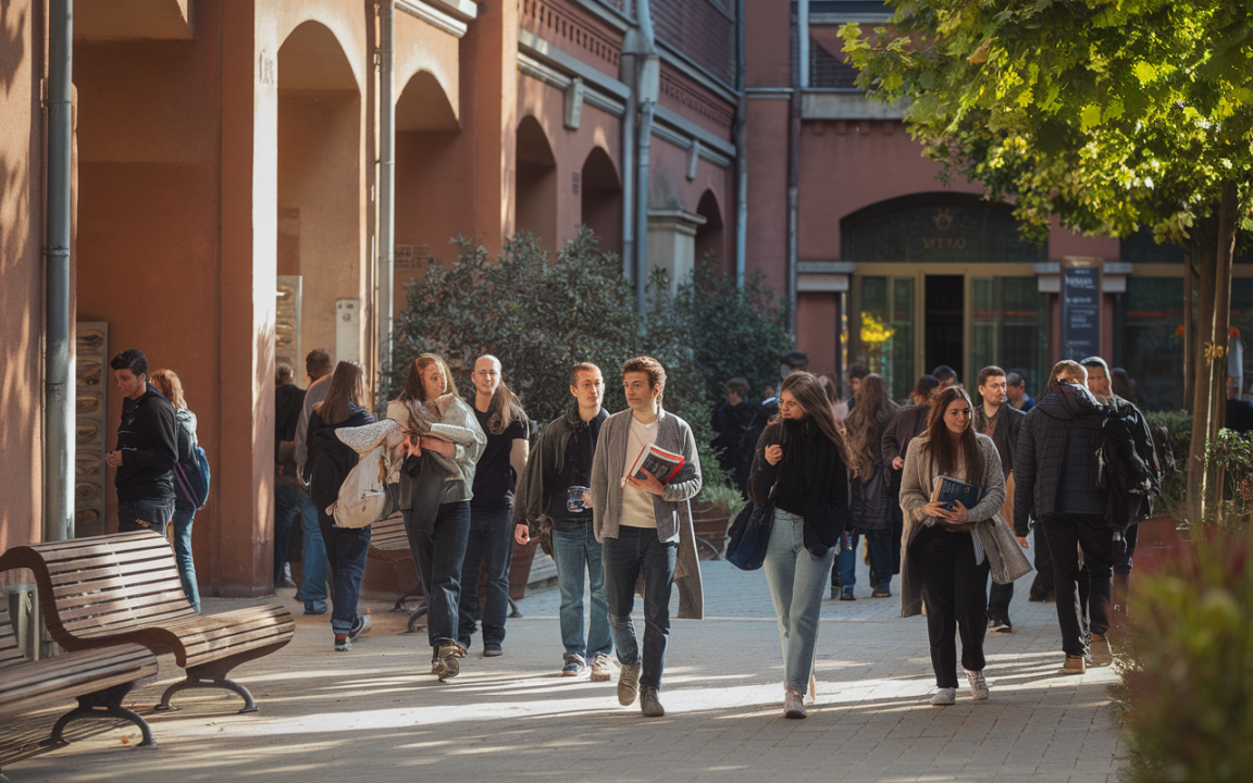 Groupe d'étudiants marchant dans une cour universitaire, entourés d'arbres, bancs et bâtiments architecturaux, ambiance dynamique et conviviale.