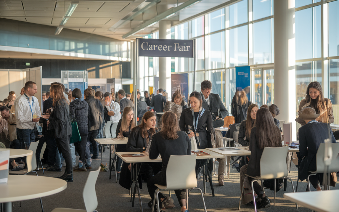 Foule animée dans une foire de l'emploi, avec des tables et des panneaux, des participants discutent et échangent des informations.