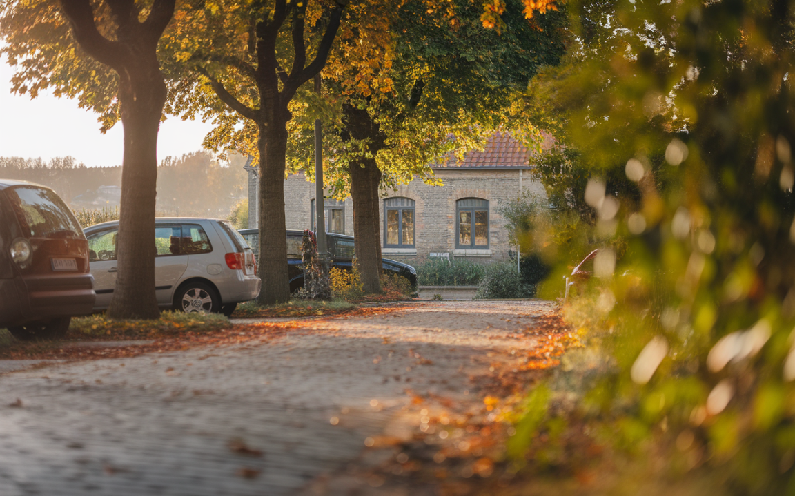 Rue bordée d'arbres aux feuilles dorées, voitures stationnées sur un chemin pavé, maison en fond à la lumière du matin.