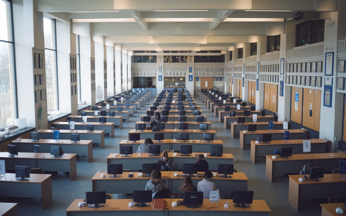 Vue aérienne d'une salle de travail avec des bureaux et des ordinateurs, occupée par plusieurs personnes. Lumière naturelle abondante.