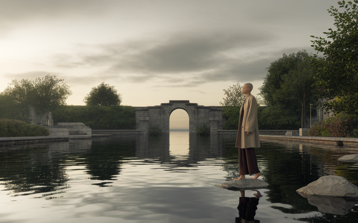 Personne au crâne rasé, vêtue d'un manteau, se tenant sur une roche au bord d'un lac calme, arc architectural en arrière-plan.