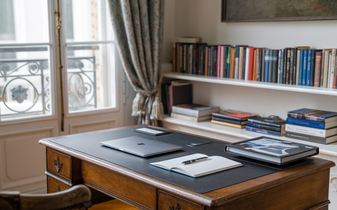 Bureau en bois avec un ordinateur portable, un carnet, et des livres en arrière-plan, devant une fenêtre avec rideaux.