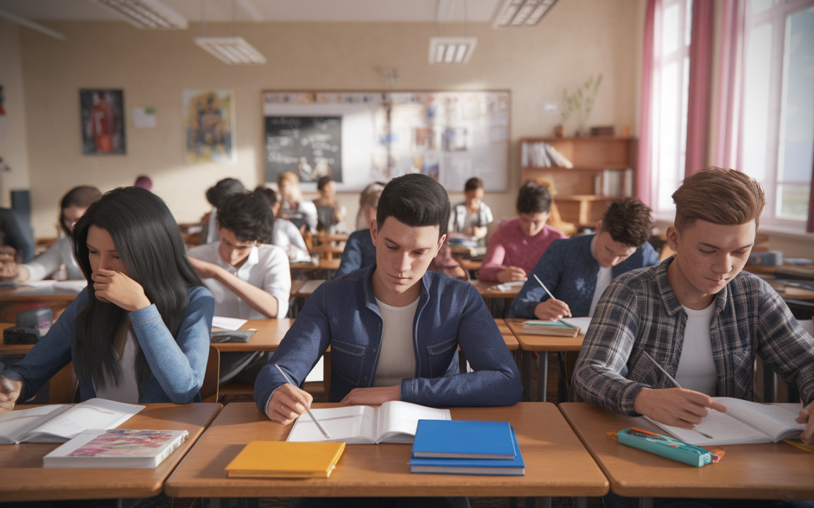 Groupe d'élèves en classe, concentrés sur leurs travaux, utilisant des livres et des cahiers, avec un tableau au fond.