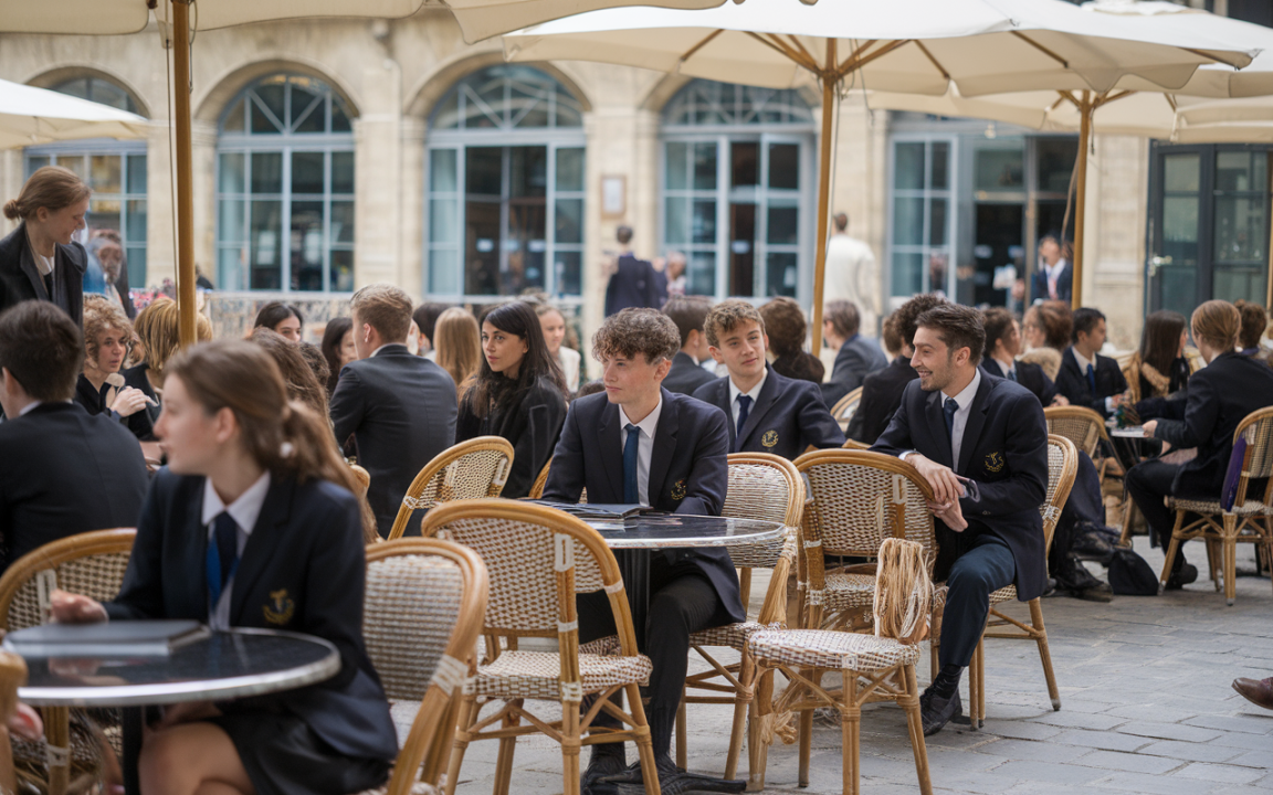 Groupe d'étudiants en tenue formelle assis à des tables en terrasse, discutant dans un café en plein air.