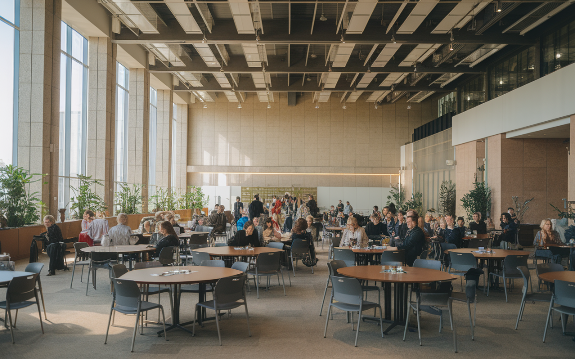 Salle spacieuse avec tables rondes, de nombreuses personnes discutent, plantes vertes en arrière-plan et lumière naturelle abondante.
