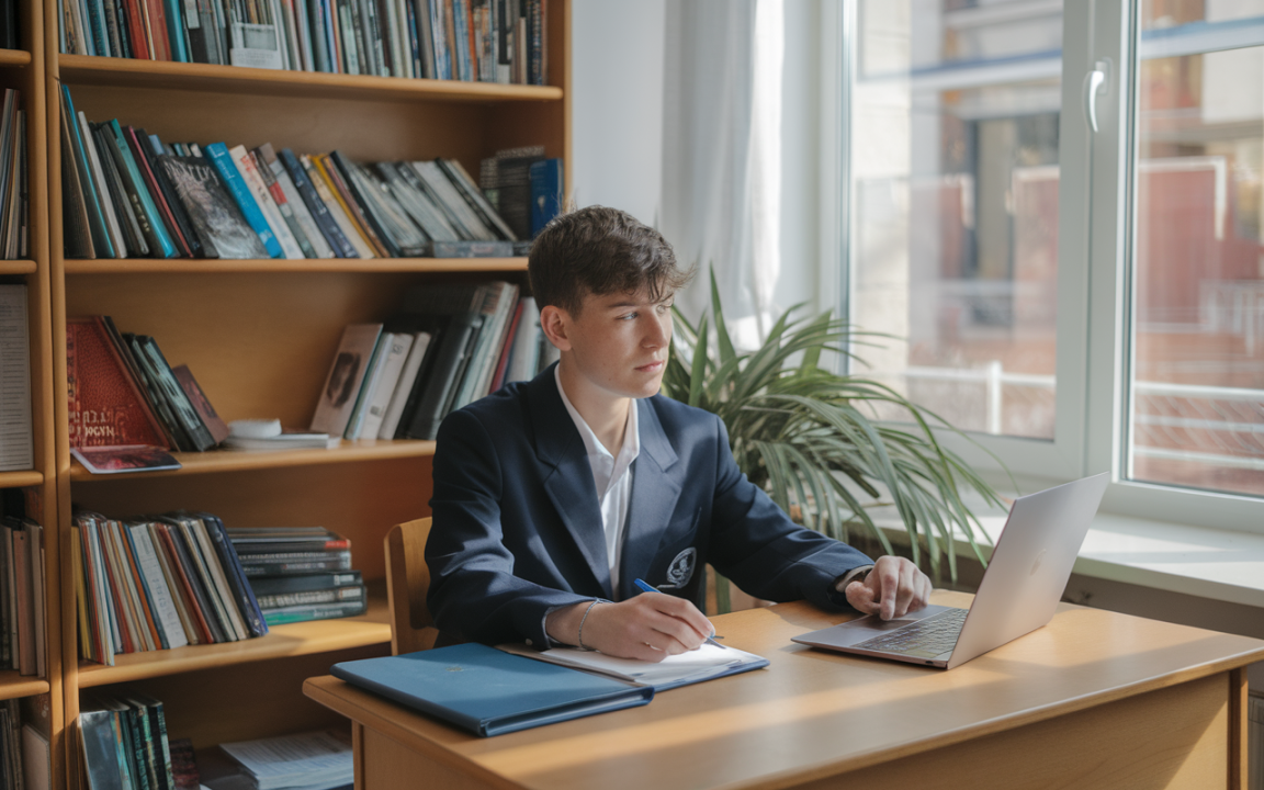 Un étudiant en blazer travaille à un bureau, avec un ordinateur portable et une étagère pleine de livres en arrière-plan.