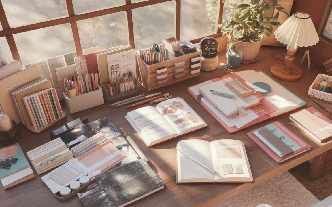 Bureau ensoleillé avec des carnets, stylos colorés, matériel de bureau et une plante à proximité, créant une ambiance créative chaleureuse.