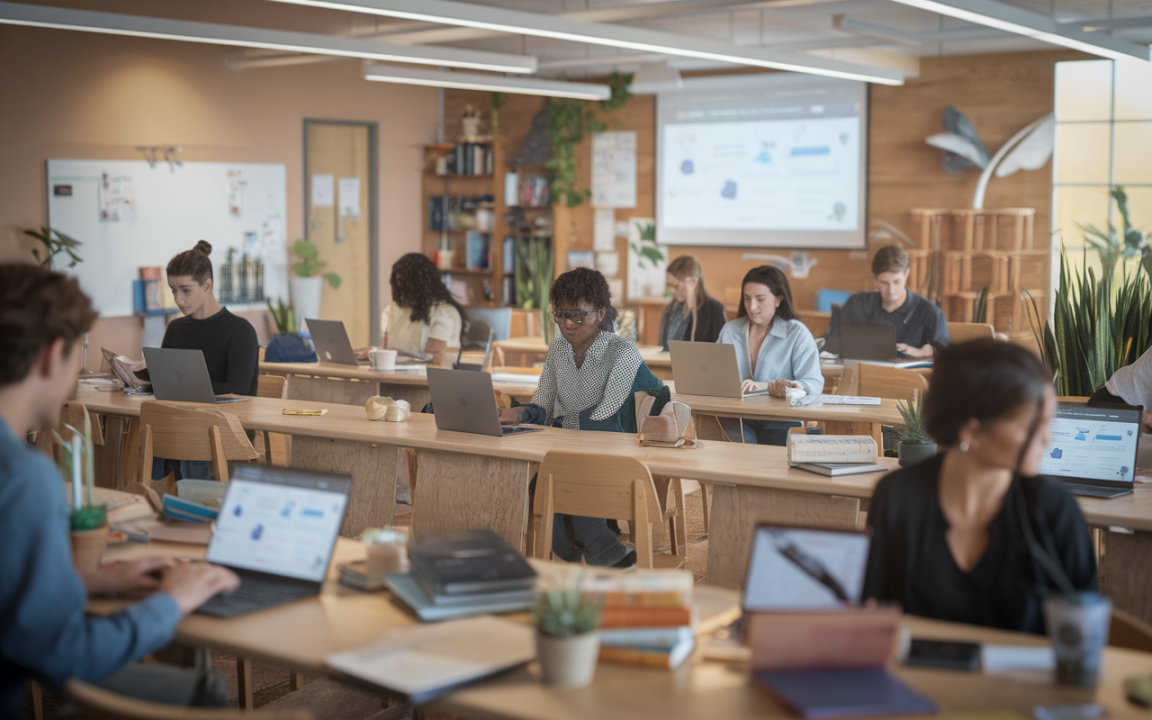 Groupe d'étudiants travaillant sur des ordinateurs portables dans une salle de classe moderne, axée sur l'apprentissage collaboratif.
