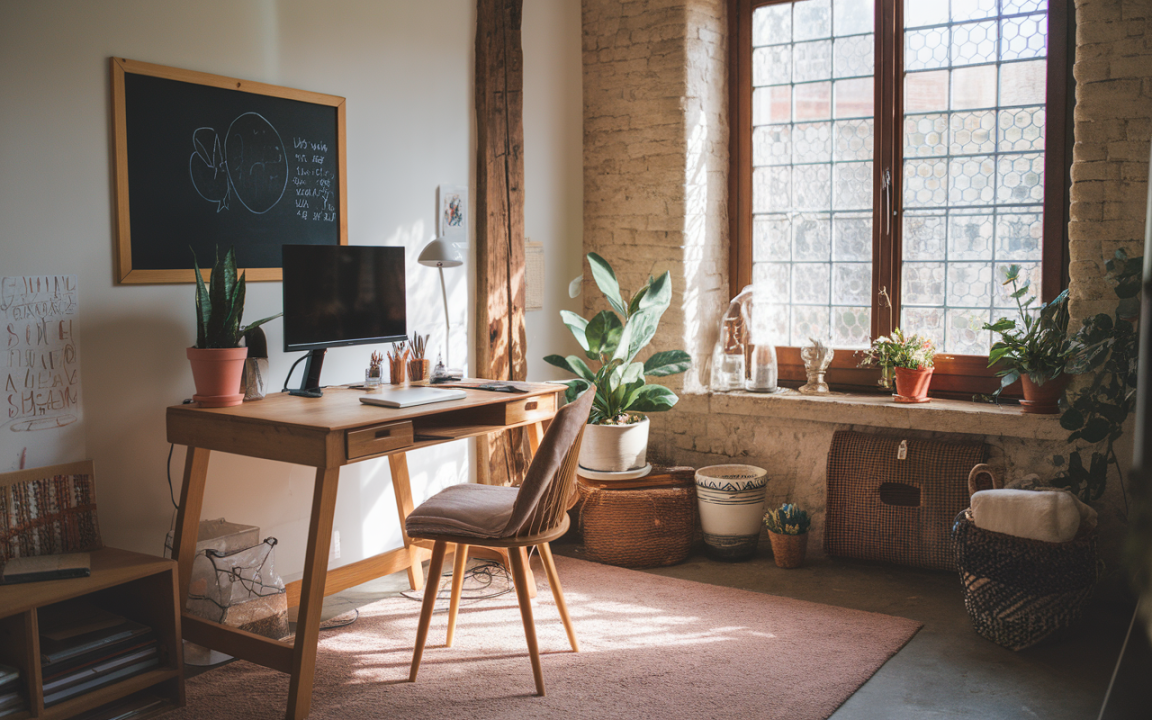 Bureau en bois avec plante, écran, et fournitures artistiques, dans une pièce lumineuse avec fenêtres en verre et décoration éclectique.