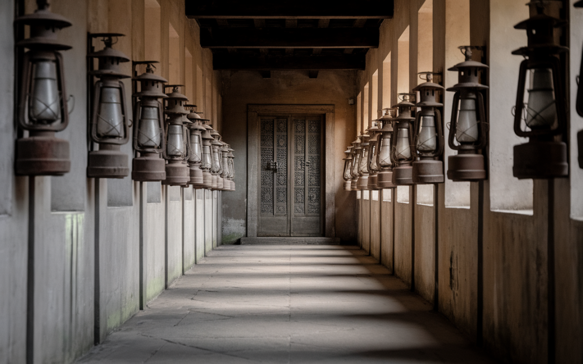 Couloir avec des lanternes suspendues de chaque côté, menant à une porte en bois ornée, éclairé par la lumière naturelle.