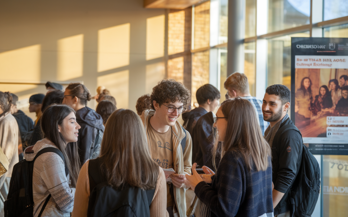Groupe d'étudiants discutant joyeusement dans un espace lumineux, avec des ombres projetées sur les murs. Une affiche est visible en arrière-plan.