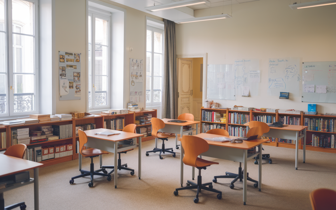 Salle de classe lumineuse avec des bureaux et chaises oranges, étagères remplies de livres et fenêtres apportant de la lumière.
