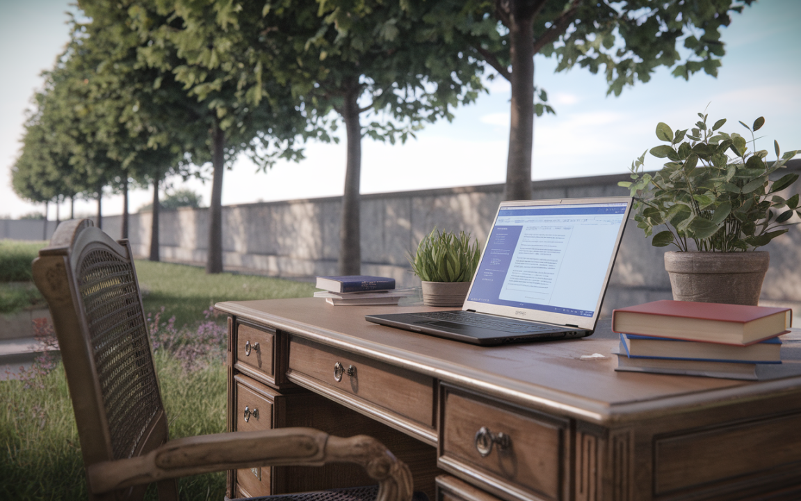Un bureau en bois avec un ordinateur portable, des livres et une plante, sous des arbres dans un espace extérieur lumineux.