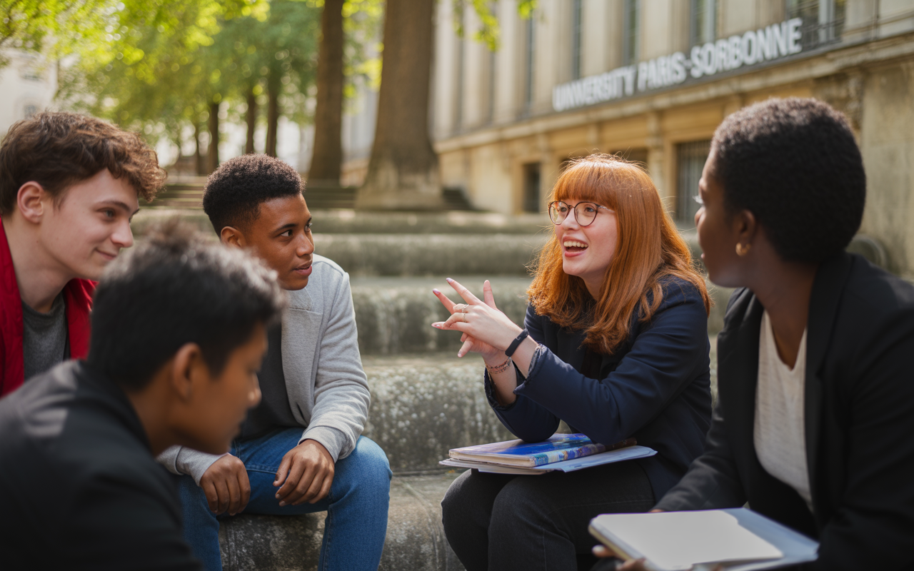 Groupe d'étudiants discutant sur des marches, à l'extérieur de l'université Paris-Sorbonne, entourés d'arbres verdoyants.