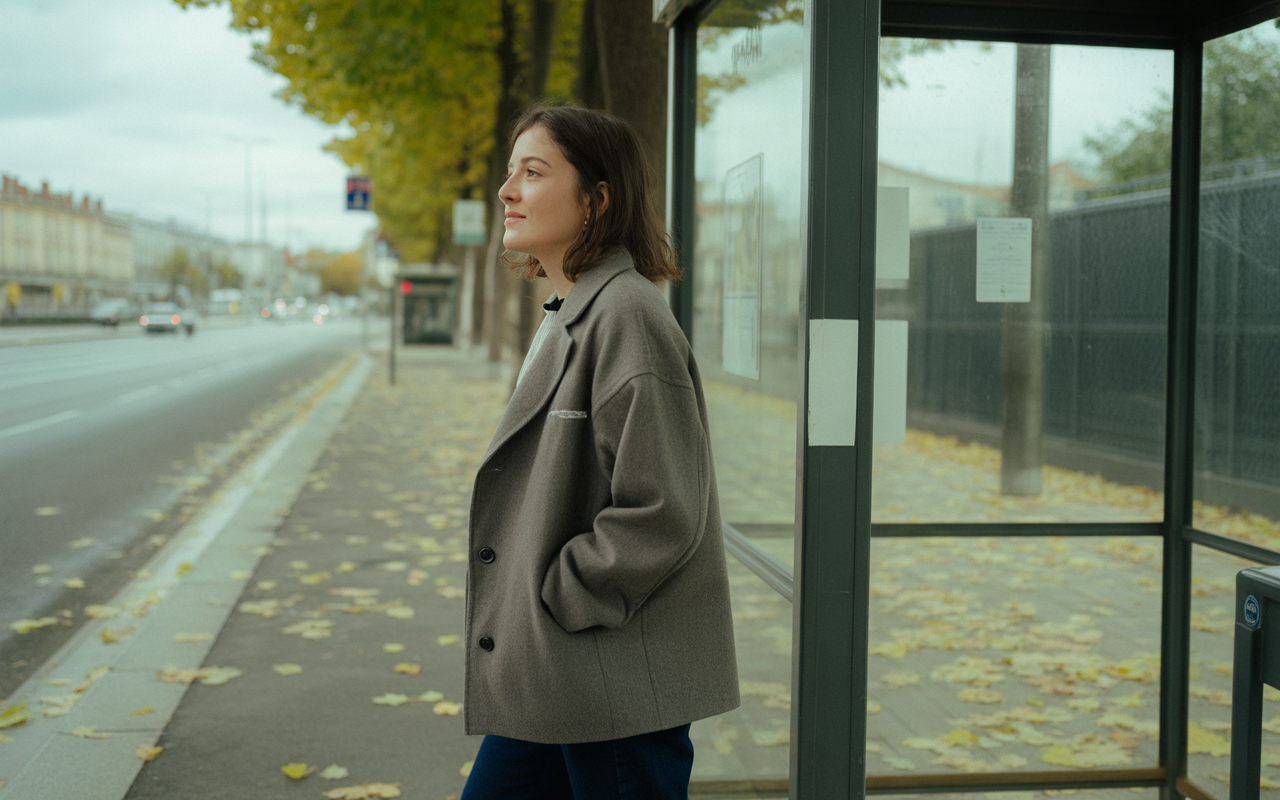Femme au manteau gris, attendant à un arrêt de bus, près d'une route bordée d’arbres et de feuilles jaunes.