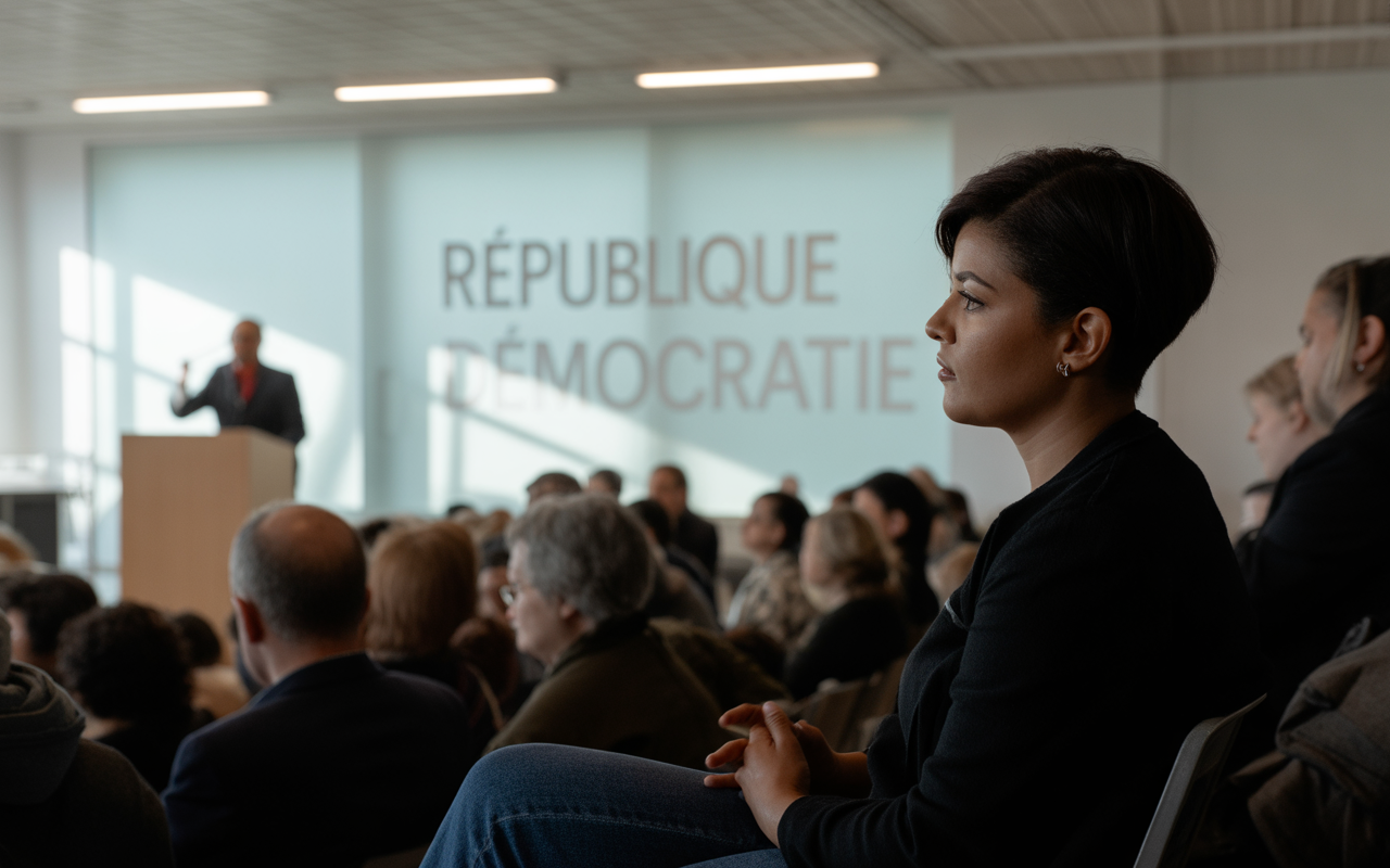 Une femme attentive assiste à un discours sur la démocratie, avec un orateur au fond et une foule concentrée.