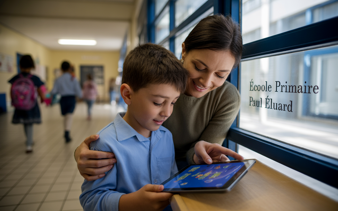 Une femme souriante aide un garçon à utiliser une tablette dans un couloir d'école primaire. École Paul Éluard visible en arrière-plan.