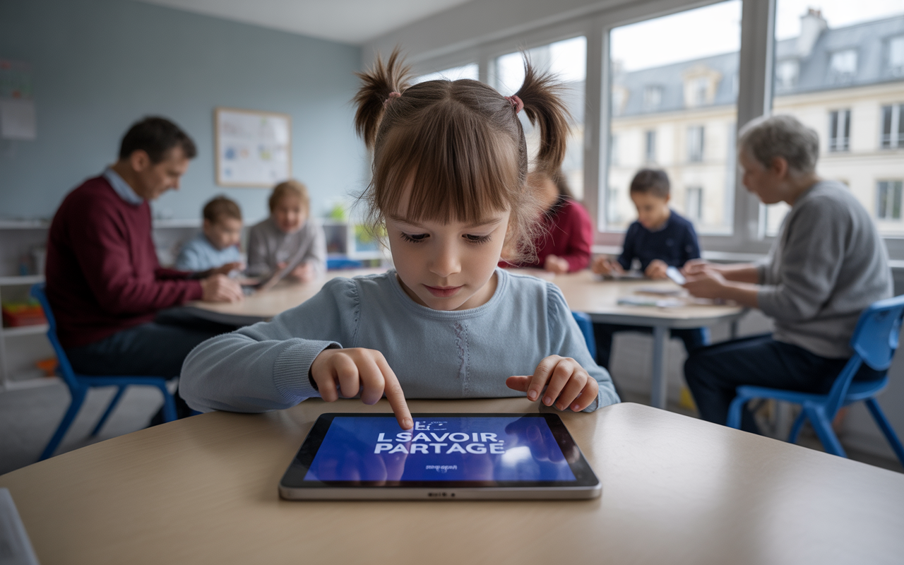 Une petite fille utilise une tablette dans un environnement d'apprentissage avec d'autres enfants et adultes, concentrée sur l'écran.