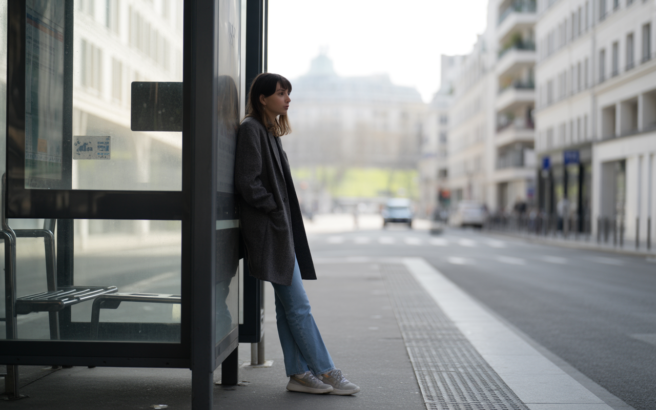 Une femme au manteau gris attend à un arrêt de bus, avec des bâtiments modernes en arrière-plan et une rue presque vide.