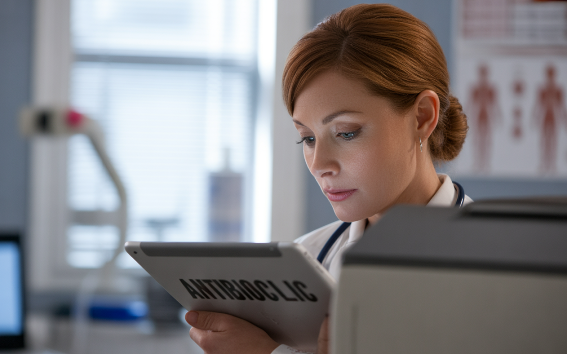 Femme médecin regarde un écran, tenant une tablette avec "ANTIBIOC LIC" affiché. Contexte médical et professionnel.