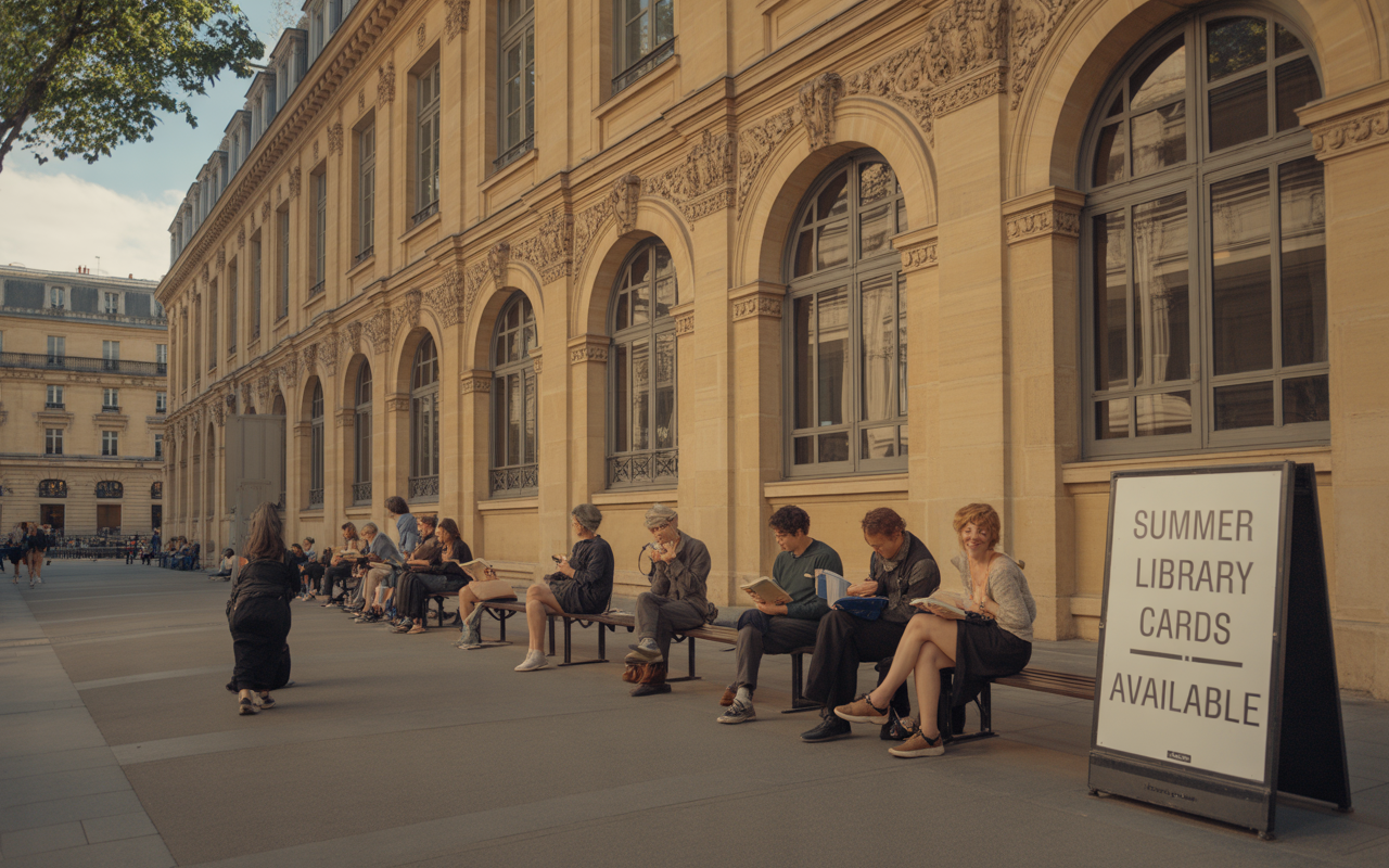 Des personnes assises sur des bancs lisent près d'un bâtiment, avec un panneau indiquant la disponibilité des cartes de bibliothèque estivale.