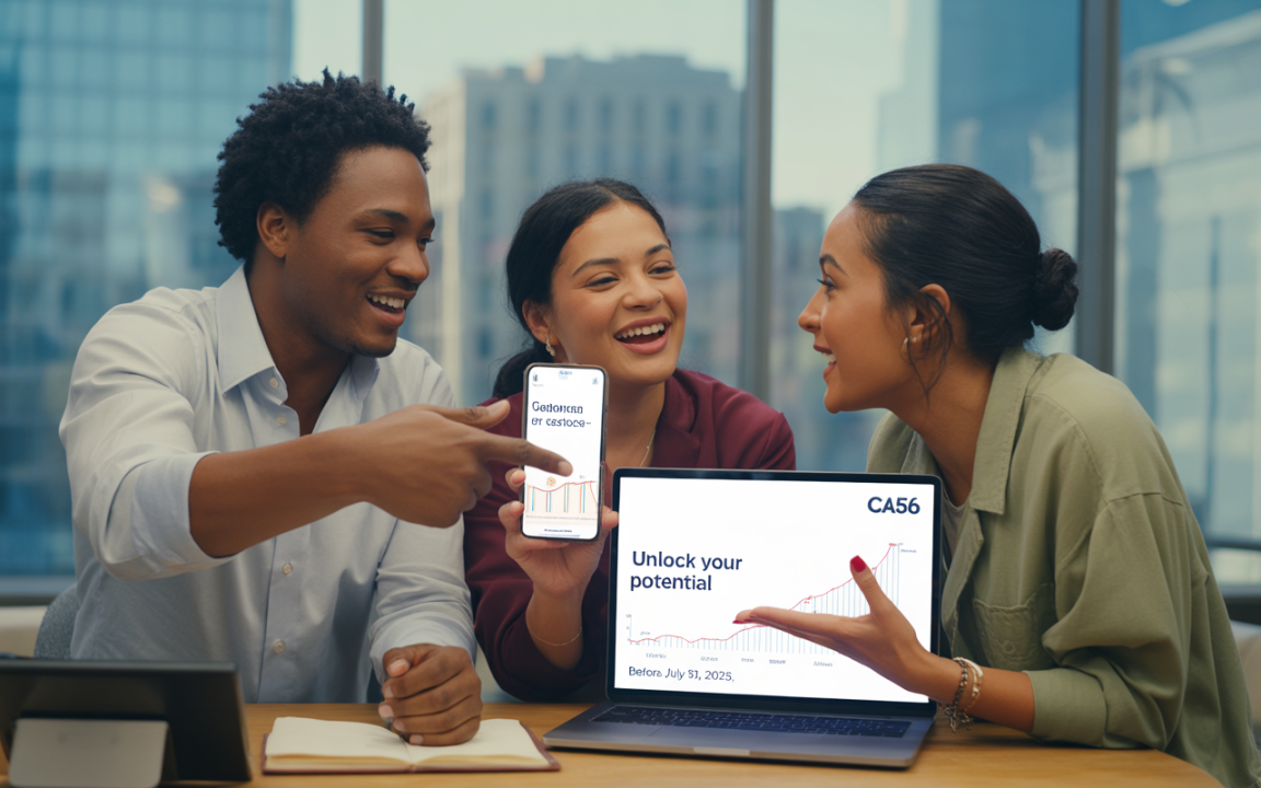 Trois personnes souriantes montrent un téléphone et un ordinateur portable affichant des graphiques, dans un environnement de bureau lumineux.