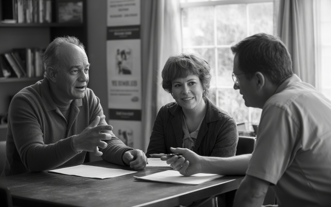 Trois personnes discutent autour d'une table, en noir et blanc, avec des papiers, dans un environnement lumineux.