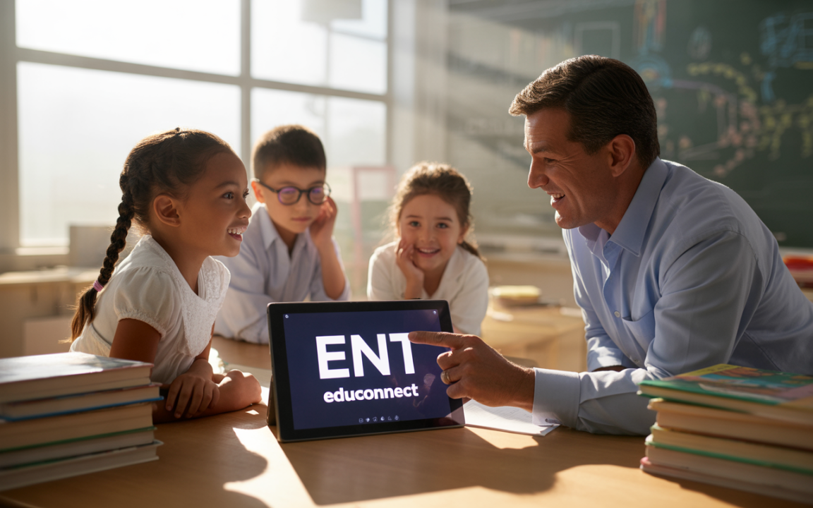 Un enseignant aide des enfants à utiliser une tablette affichant "ENT educonnect", dans une ambiance lumineuse de salle de classe.