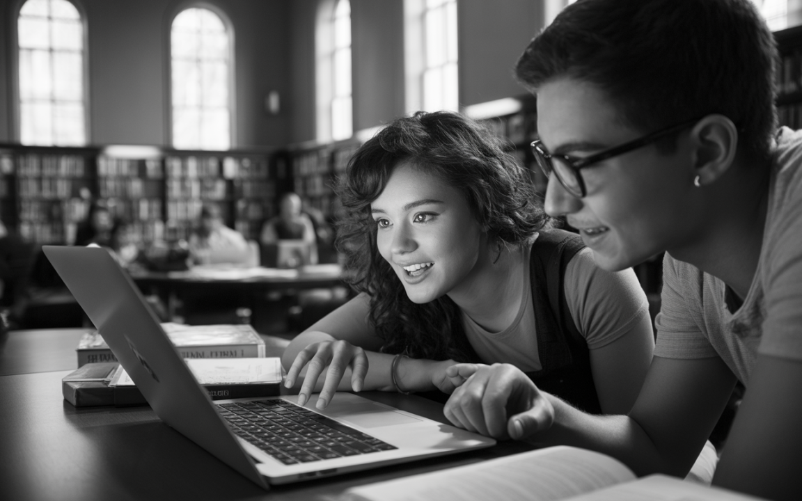 Deux jeunes, un garçon et une fille, étudient ensemble sur un ordinateur portable dans une bibliothèque animée. Atmosphère concentrée.