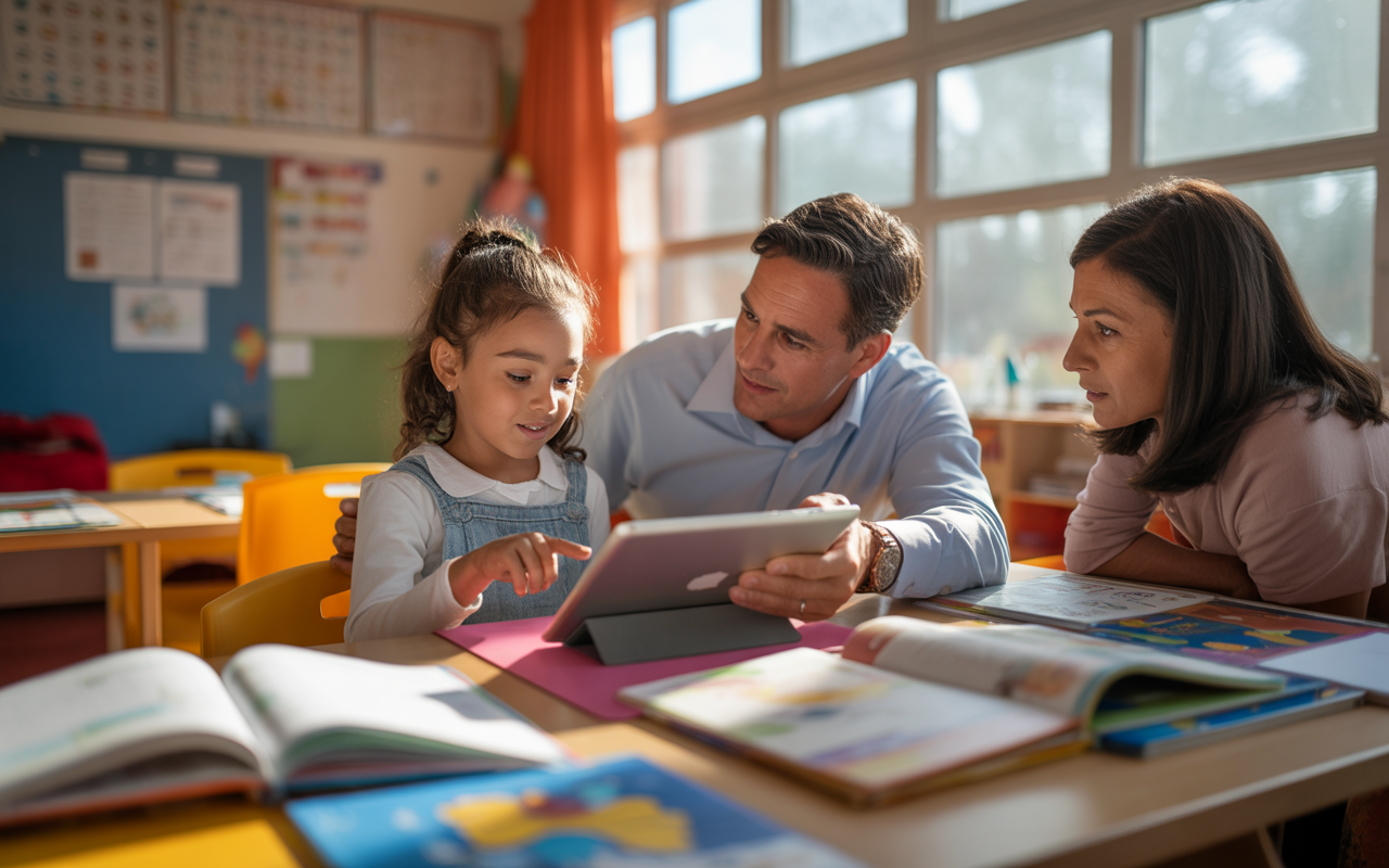 Un enfant et deux adultes interagissent autour d'une tablette, dans une classe lumineuse, entourés de livres ouverts.
