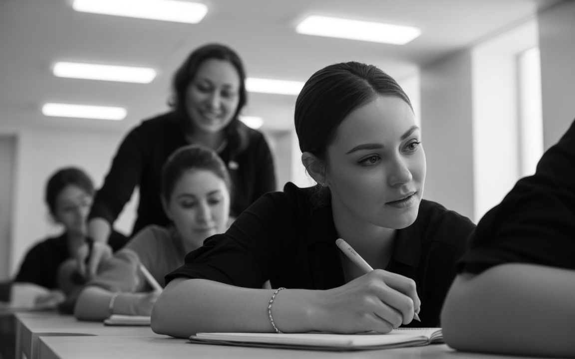 Quatre étudiantes assises à un bureau, concentrées sur leurs notes, tandis qu'un enseignant les observe avec attention. Atmosphère studieuse.