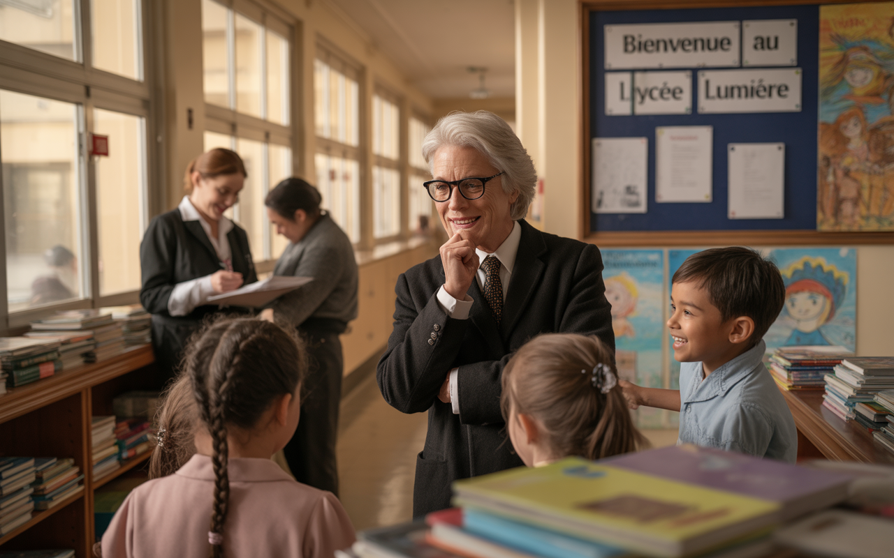 Dans une école, un homme souriant discute avec des enfants pendant que des femmes prennent des notes à l'arrière-plan.