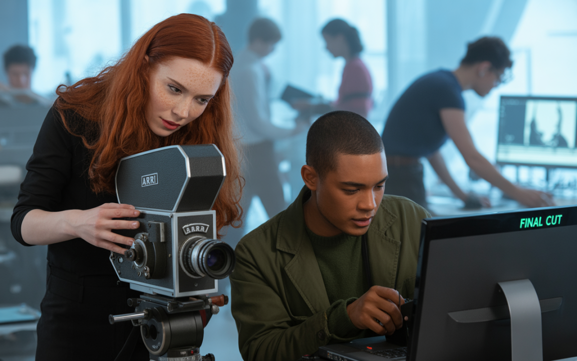 Deux étudiants examinent une caméra vintage ARRI, tandis qu'un tiers travaille sur un ordinateur dans un environnement créatif moderne.