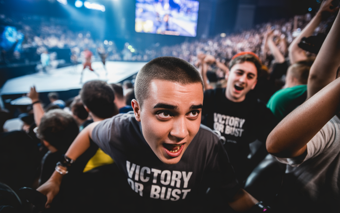 Jeune homme enthousiaste dans une foule lors d'un événement de divertissement, portant un T-shirt "VICTORY OR BUST", ambiance excitante.