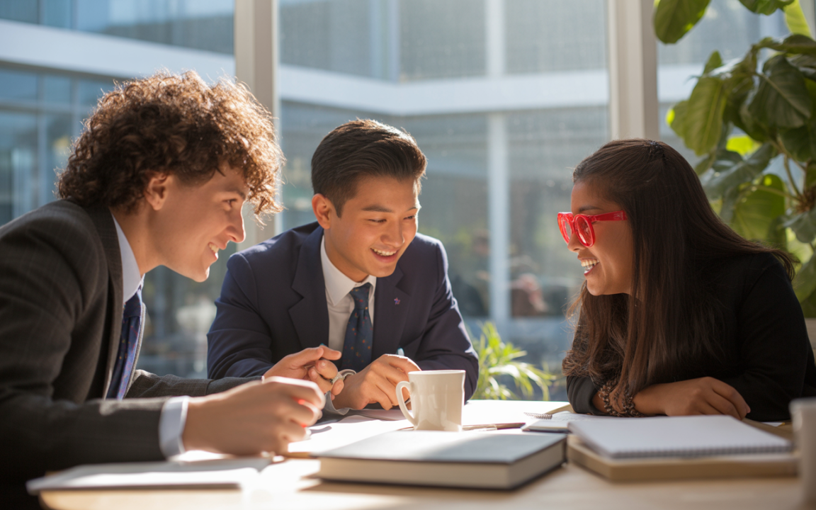 Trois jeunes professionnels sourient et discutent autour d'une table, avec des livres et une tasse sur un fond lumineux.