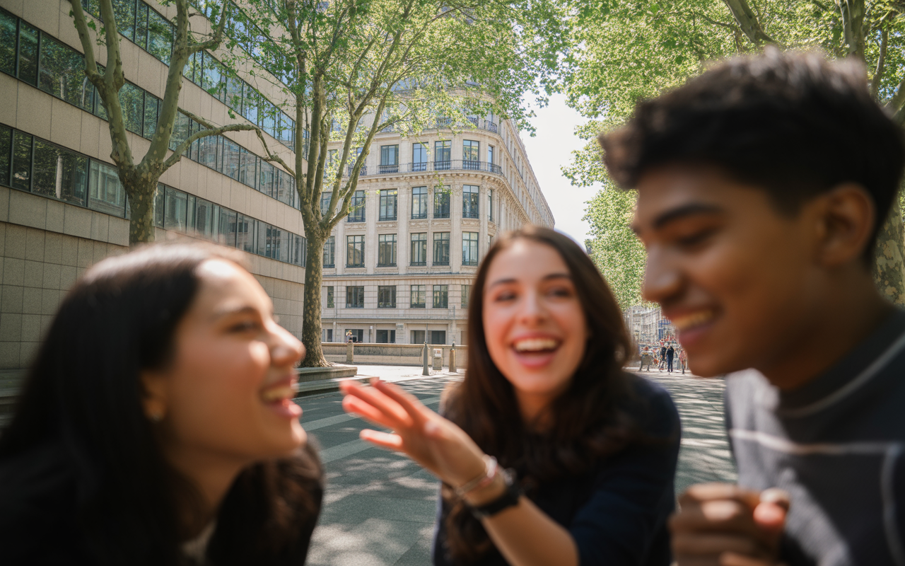 Trois jeunes adultes souriants interagissent en extérieur, avec des arbres et des bâtiments modernes en arrière-plan. Atmosphère joyeuse et détendue.