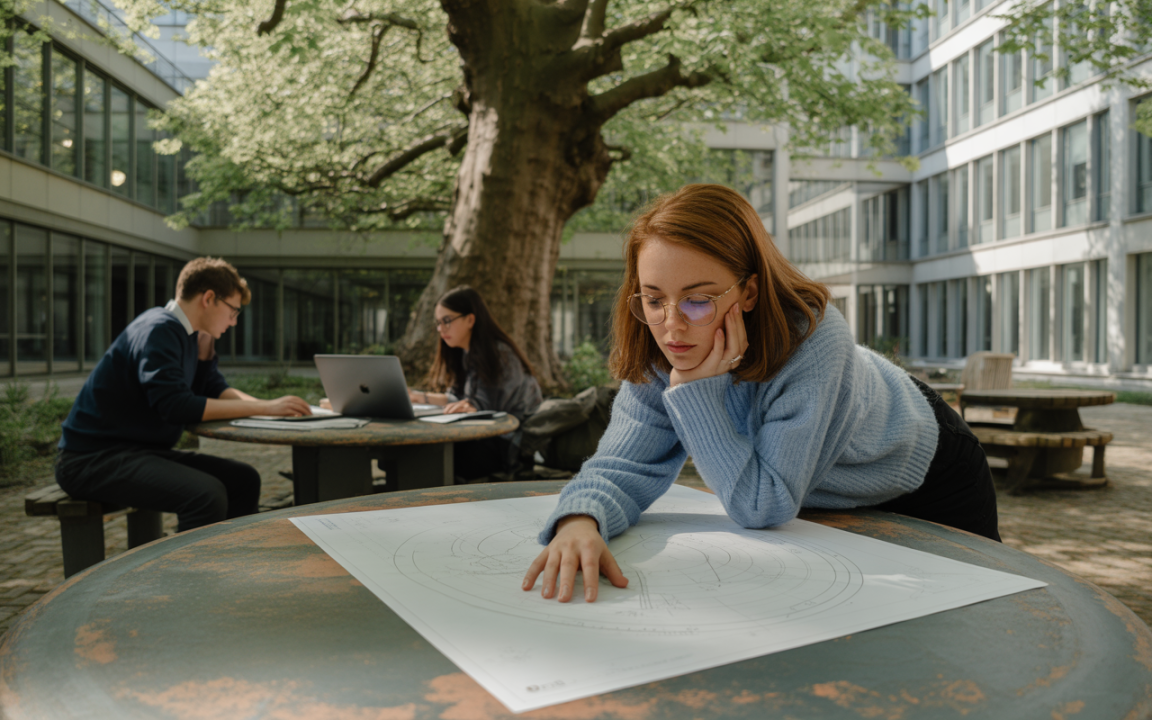 Un groupe d'étudiants étudie en extérieur, avec des plans sur une table, entourés d'arbres et de bâtiments modernes.