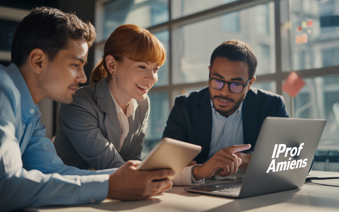 Trois personnes collaborent dans un bureau moderne, examinant une tablette et un ordinateur portable avec le logo "IProf Amiens".