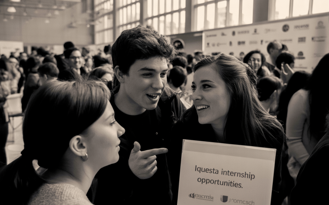 Groupe de jeunes discutant joyeusement à un événement, l'un tenant un panneau sur des opportunités de stage. Ambiance animée en arrière-plan.