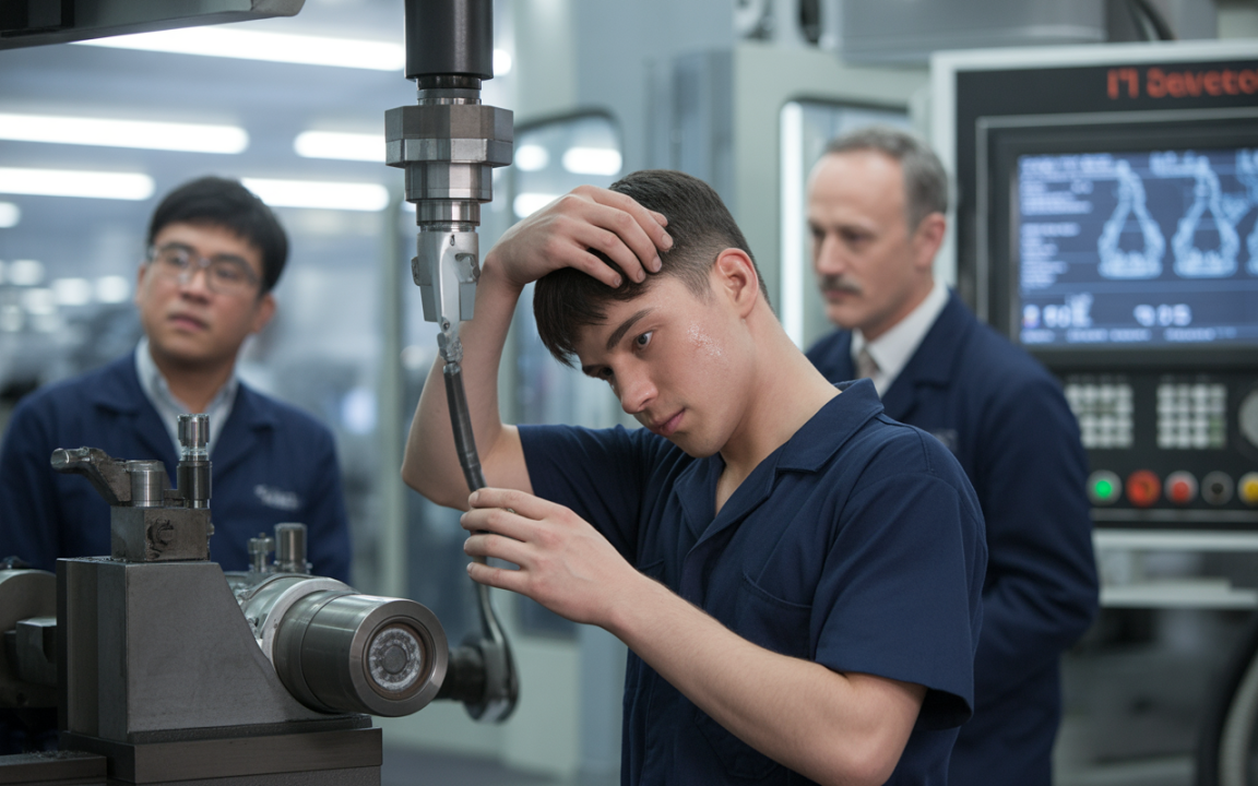 Un jeune homme ajuste un outil sur une machine, tandis que deux hommes en blouse l'observent attentivement dans un environnement industriel.